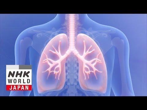 Elderly patient using spirometer breathing device in bright medical rehabilitation room with exercise equipment visible in background